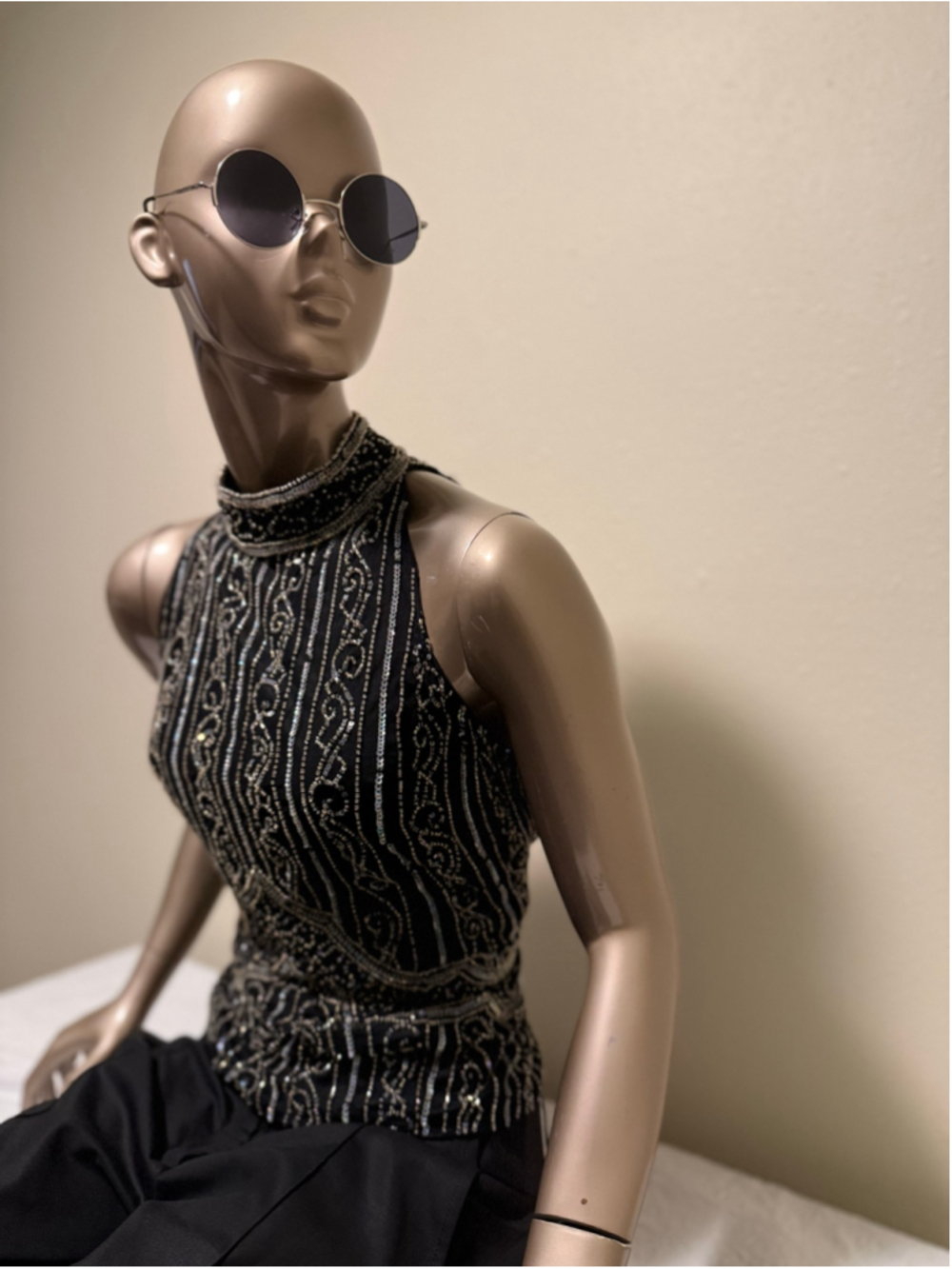Mes Ami Vintage Black Silver Beaded Sequin Halter Top XL